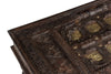 [[Brass decorated wooden coffee table with old carvings and a glass top///Table basse en bois décorée de laiton avec des sculptures anciennes et un plateau en verre]]