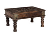 [[Brass decorated wooden coffee table with old carvings and a glass top///Table basse en bois décorée de laiton avec des sculptures anciennes et un plateau en verre]]