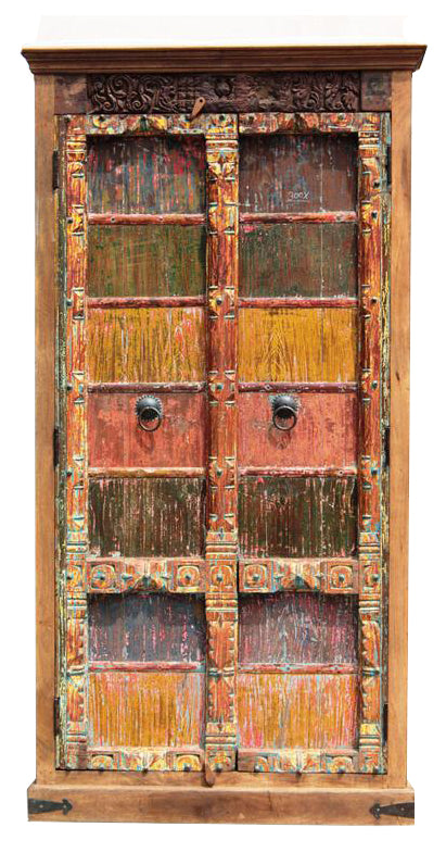 [[Multicolor teak wood cabinet with massive old doors///Meuble en bois de teck multicolore avec portes anciennes massives]]