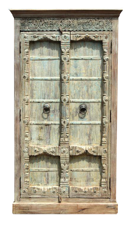 [[Pastel turquoise teak wood cabinet with massive old doors///Meuble en bois de teck turquoise pastel avec portes anciennes massives]]