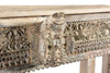 [[Wooden console table with old teak wood panels and horse head sculptures///Table console en bois avec panneaux en ancien teck et sculptures de têtes de cheval]]