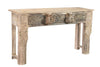 [[Wooden console table with old teak wood panels and horse head sculptures///Table console en bois avec panneaux en ancien teck et sculptures de têtes de cheval]]