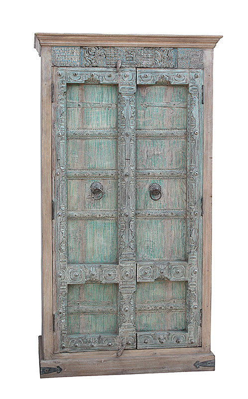 [[Pastel turquoise cabinet with old teak wood doors///Armoire turquoise pastel avec portes anciennes en bois de teck]]