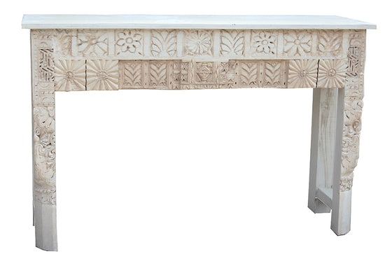 [[Pastel beige side table with old hand carved teak panels///Console beige pastel avec panneaux en teck sculptés à la main]]