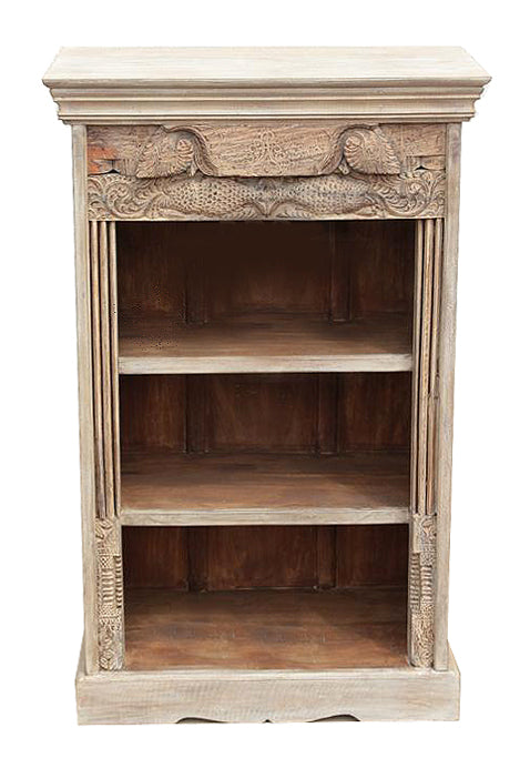 [[Small pastel beige book shelf with old hand carved panel///Petite étagère beige pastel avec un vieux panneau sculpté à la main]]