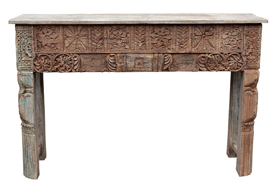 [[Pastel beige side table with old hand carved teak panels///Console beige pastel avec panneaux en teck sculptés à la main]]