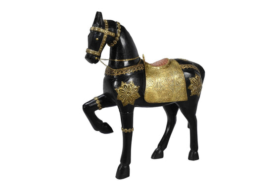 Wooden horse sculpture with brass decoration//Sculpture de cheval en bois avec décoration en laiton