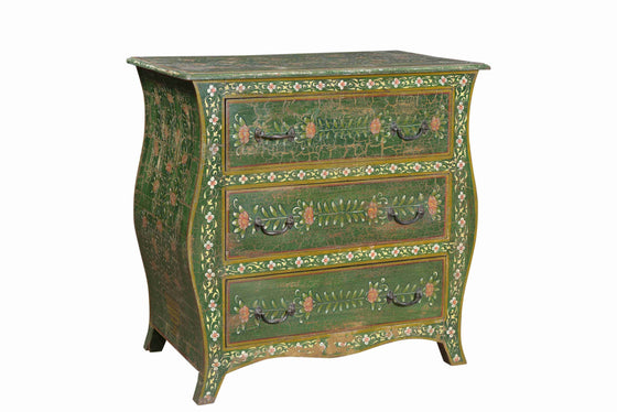 [[Hand painted green floral dresser with 3 drawers///Commode florale peinte à la main en vert avec 3 tiroirs]]