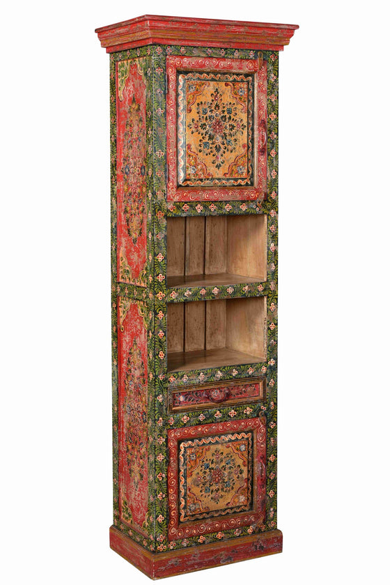 [[Hand painted floral red narrow cabinet with shelves///Armoire étroite peinte à la main en rouge floral avec étagères]]