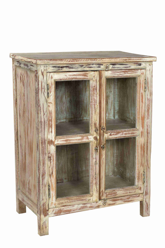 [[White washed old teak cabinet with glass doors///Meuble ancien en teck lavé blanc avec portes vitrées]]