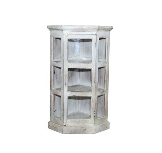 [[Whitewashed old teak corner cabinet with glass doors///Meuble d'angle en teck blanchi à la chaux avec portes vitrées]]