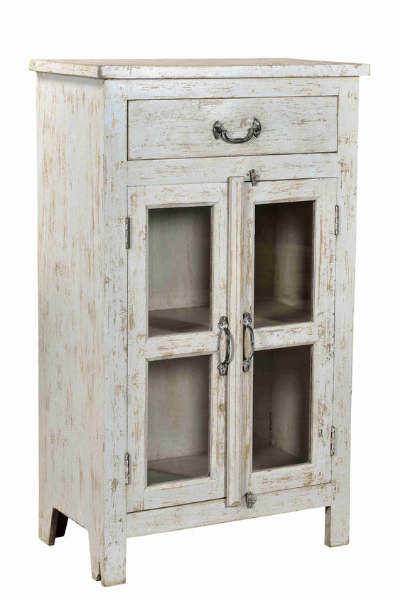 [[White washed old teak cabinet with glass doors///Meuble ancien en teck lavé blanc avec portes vitrées]]