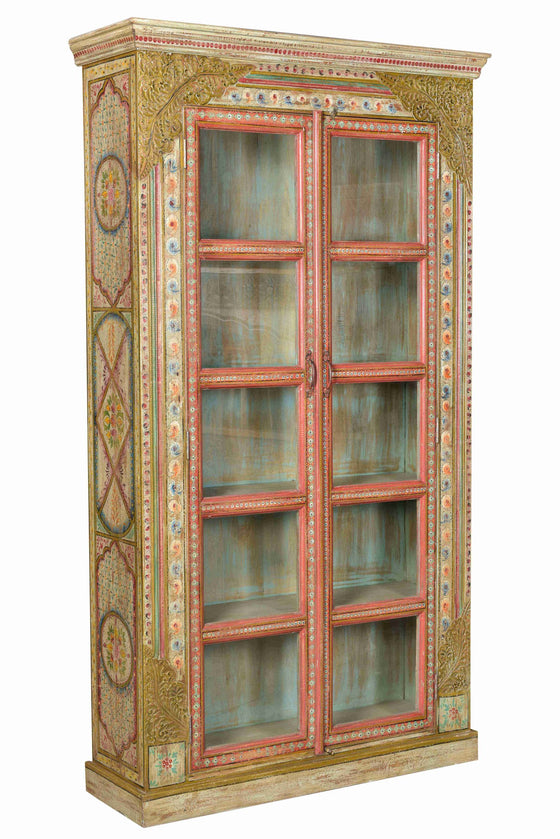 [[Oriental sunrise: Hand painted floral glass cabinet///Armoire vintage peinte à la main]]
