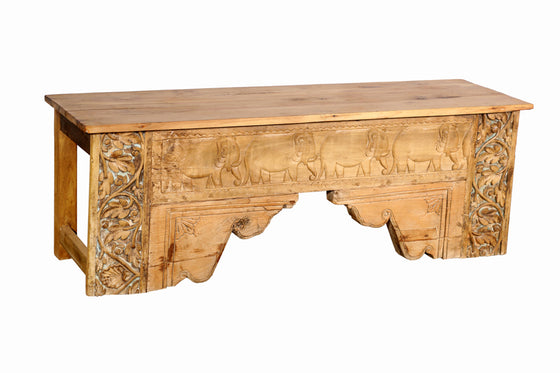 [[Teak wood bench with old carvings///Banc en bois de teck avec des sculptures anciennes]]