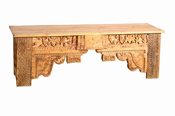 [[Teak wood bench with old carvings///Banc en bois de teck avec des sculptures anciennes]]