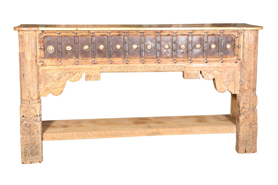 [[Old teak wood console table with detailed brass work///Table console en ancien bois de teck avec travail détaillé du laiton]]