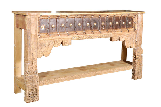 [[Old teak wood console table with detailed brass work///Table console en ancien bois de teck avec travail détaillé du laiton]]