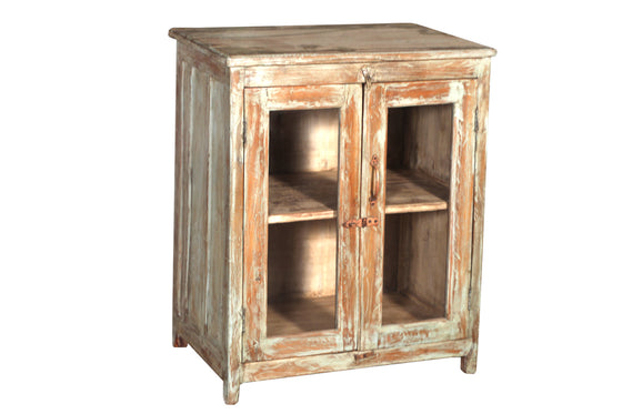 [[Pastel beige old teak wood glass cabinet///Cabinet vitré beige pastel en ancien bois teck]]