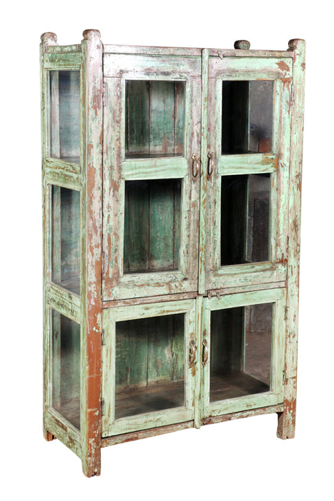 [[Pastel blue old teak wood glass cabinet///Cabinet vitré bleu pastel en ancien bois teck]]
