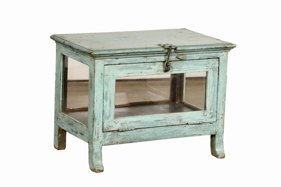 [[Pastel blue old teak wood glass cabinet///Cabinet vitré bleu pastel en ancien bois de teck]]