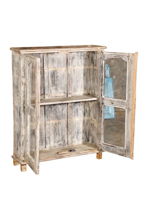 [[Pastel beige old teak wood glass cabinet///Cabinet vitré beige pastel en ancien bois de teck]]