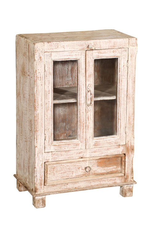 [[Pastel beige old teak wood glass cabinet///Cabinet vitré beige pastel en ancien bois de teck]]