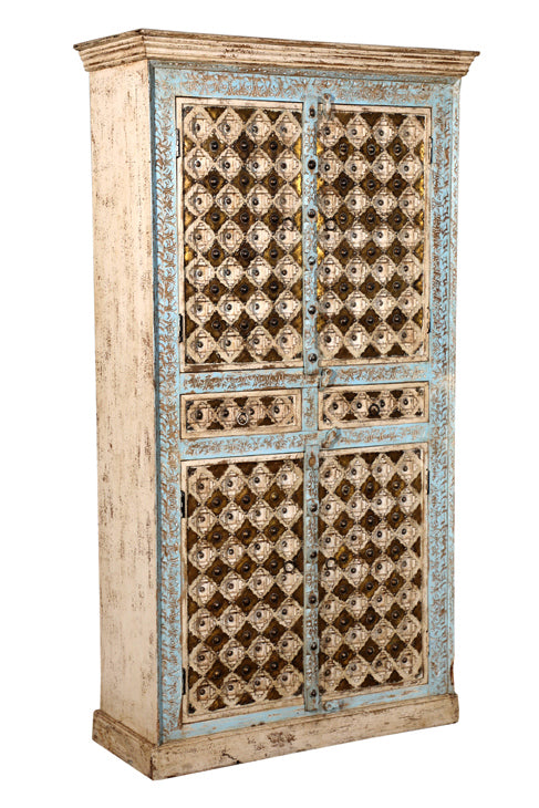 [[Reclaimed wood cabinet with detailed brass decoration///Cabinet en bois récupéré avec décoration détaillée en laiton]]