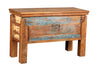 [[Pastel blue teak wood chest bench///Banc coffre en bois de teck bleu pastel]]