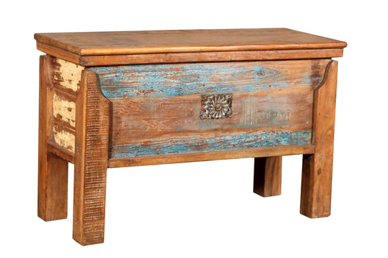 [[Pastel blue teak wood chest bench///Banc coffre en bois de teck bleu pastel]]