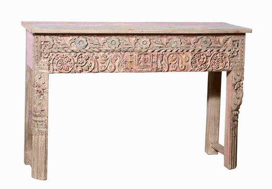 [[Old teak wood console table with a hand carved facade///Console en vieux bois de teck avec un panneau décoratif sculpté à la main]]