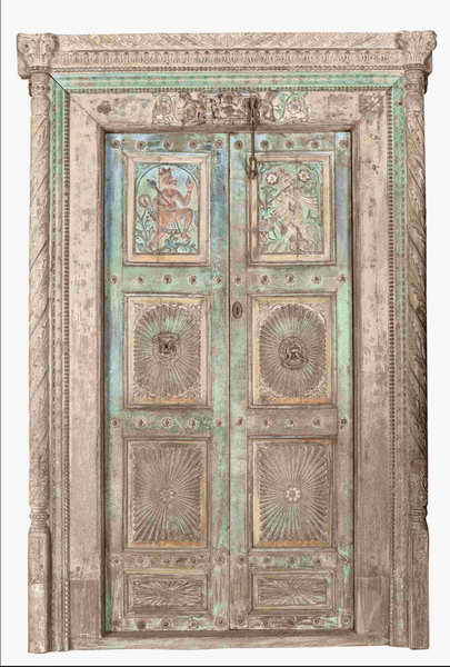 [[Pastel green old original South-Indian teak wood door///Porte d'origine sud-indienne en bois de teck vert pastel]]