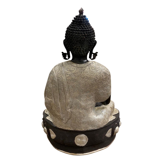 [[Antique black silver brass Buddha statue///Statue de Bouddha en laiton noir et argenté antique]]