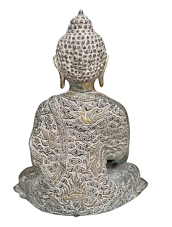 [[Antique grey and gold brass Buddha statue///Statue de Bouddha en laiton gris et or antique]]