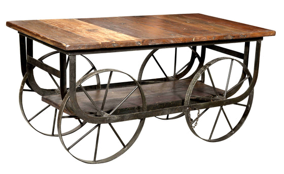 Industrial Coffee Table With Iron Wheels//Table basse industrielle avec roues en fer