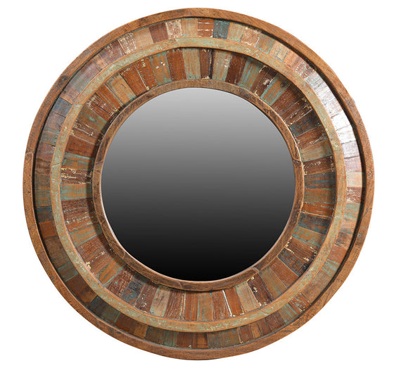 Round mirror in artistic teak frame//Miroir rond dans un cadre artistique en bois de teck