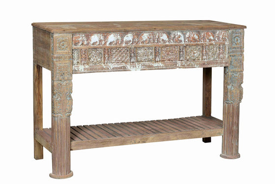 [[Old teak wood console table with a hand carved facade///Ancienne table console en bois de teck avec une façade sculptée à la main]]