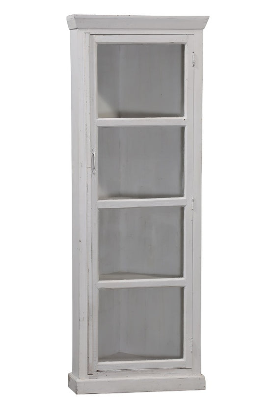 [[Whitewashed old teak wood corner glass cabinet///Vitrine d'angle en bois de teck blanchi à la chaux]]