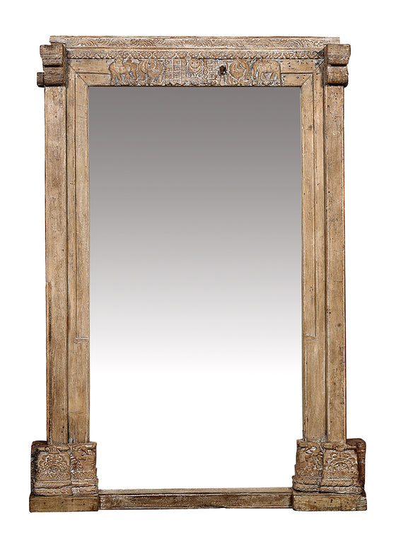 [[Pastel beige old teak door frame with a mirror///Cadre de porte en vieux teck beige pastel avec un miroir]]