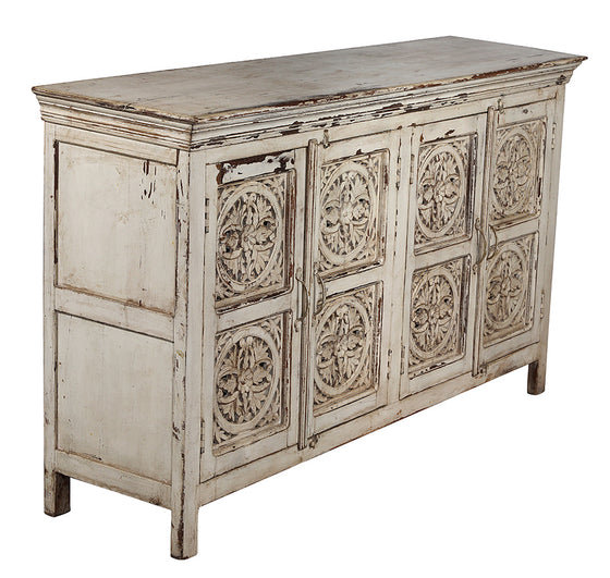 [[Whitewashed sideboard with detailed carving///Buffet blanchi à la chaux avec des sculptures détaillées]]