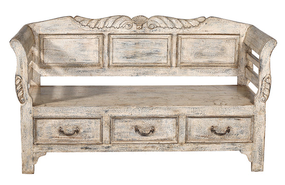 [[Vintage white bench with drawers///Vieux banc blanc à tiroirs]]