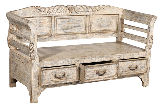 [[Vintage white bench with drawers///Vieux banc blanc à tiroirs]]