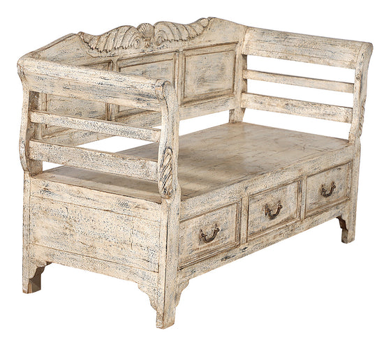 [[Vintage white bench with drawers///Vieux banc blanc à tiroirs]]