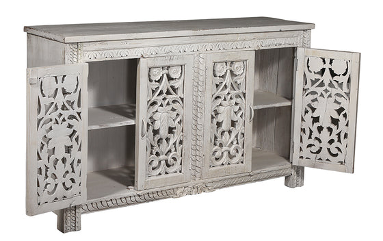 [[Whitewashed sideboard with detailed carving///Buffet blanchi à la chaux avec des sculptures détaillées]]