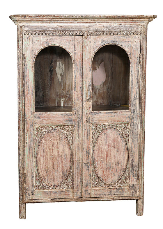 [[Pastel beige white old teak wood glass cabinet///Cabinet en bois de vieux teck blanc pastel]]