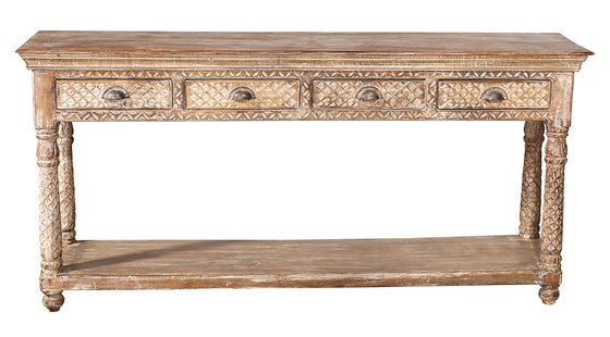 [[Old teak wood console table with 4 drawers///Vieille table console en bois de teck à 4 tiroirs]]