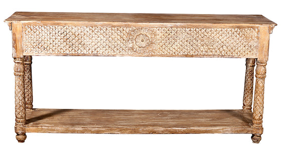 [[Old teak wood console table with 4 drawers///Vieille table console en bois de teck à 4 tiroirs]]
