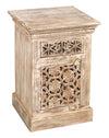[[Pastel beige bedside table with a carved facade///Table de nuit beige pastel avec une façade sculptée]]
