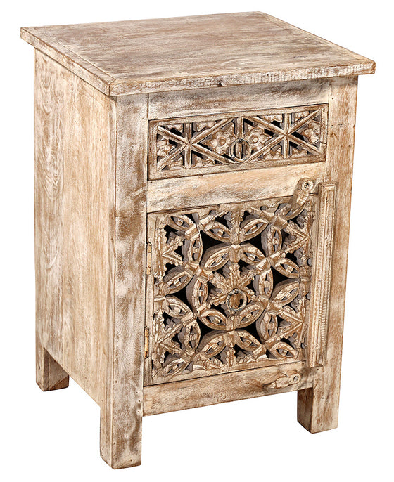 [[Pastel beige bedside table with a carved facade///Table de nuit beige pastel avec une façade sculptée]]