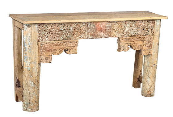 [[Pastel beige side table with old hand carved teak panels///Console beige pastel avec panneaux en teck sculptés à la main]]