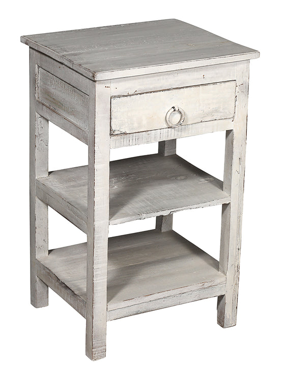 [[Whitewashed bedside table with 1 drawer///Table de chevet blanchie à la chaux avec 1 tiroir]]